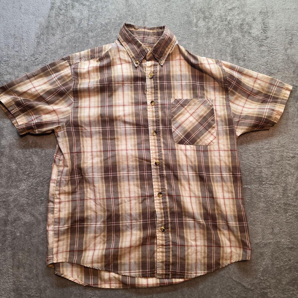 C.E. Schmidt Button Up Shirt Mens L Brown Plaid Short Sleeve Workwear Casual